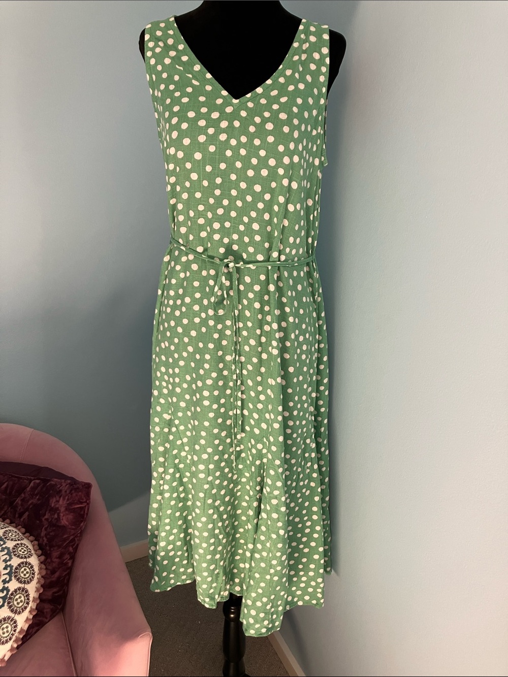 LOFT Mint Green Polka Dot Sleeveless Midi Dress with Waist Tie
